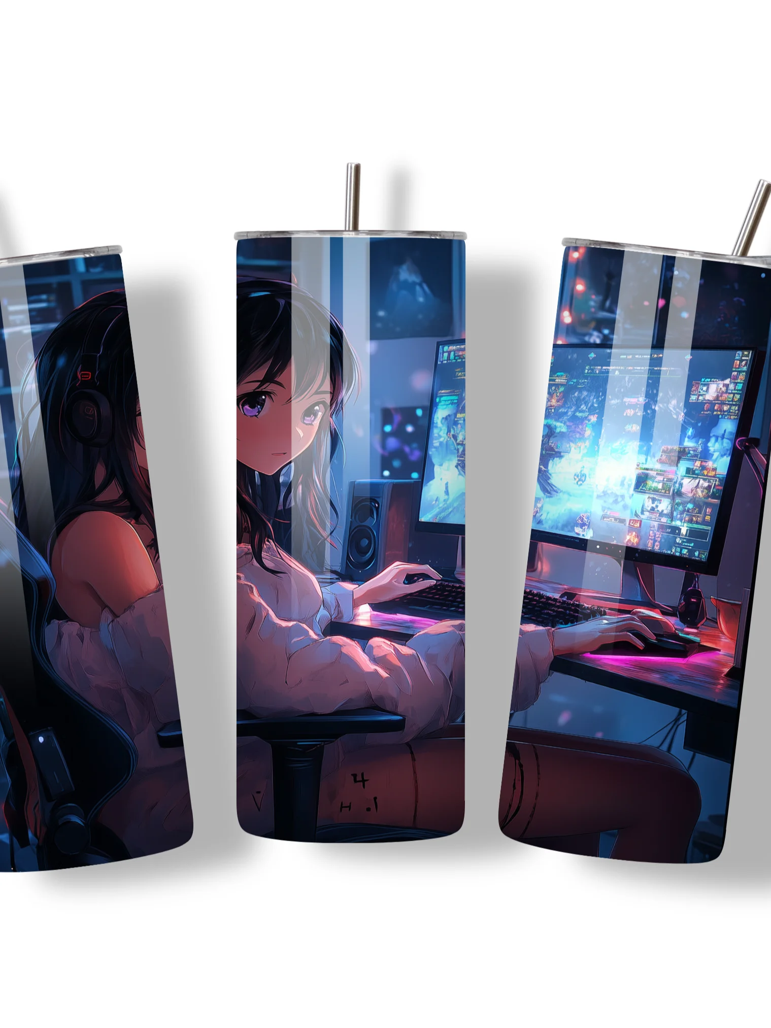 Anime Gamer Girl 20oz Skinny Tumbler with Metal Straw – Vibrant Gaming Setup Design – Double-Walled Insulated Stainless Steel Tumbler Gift for Anime and Gaming Fans (Anime Girl 2) product image (2)