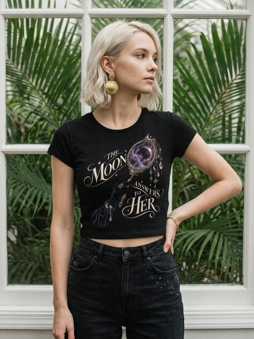The Moon Answers to Her — Dark Feminine Celestial Cropped Baby Tee | Fethria product image (6)