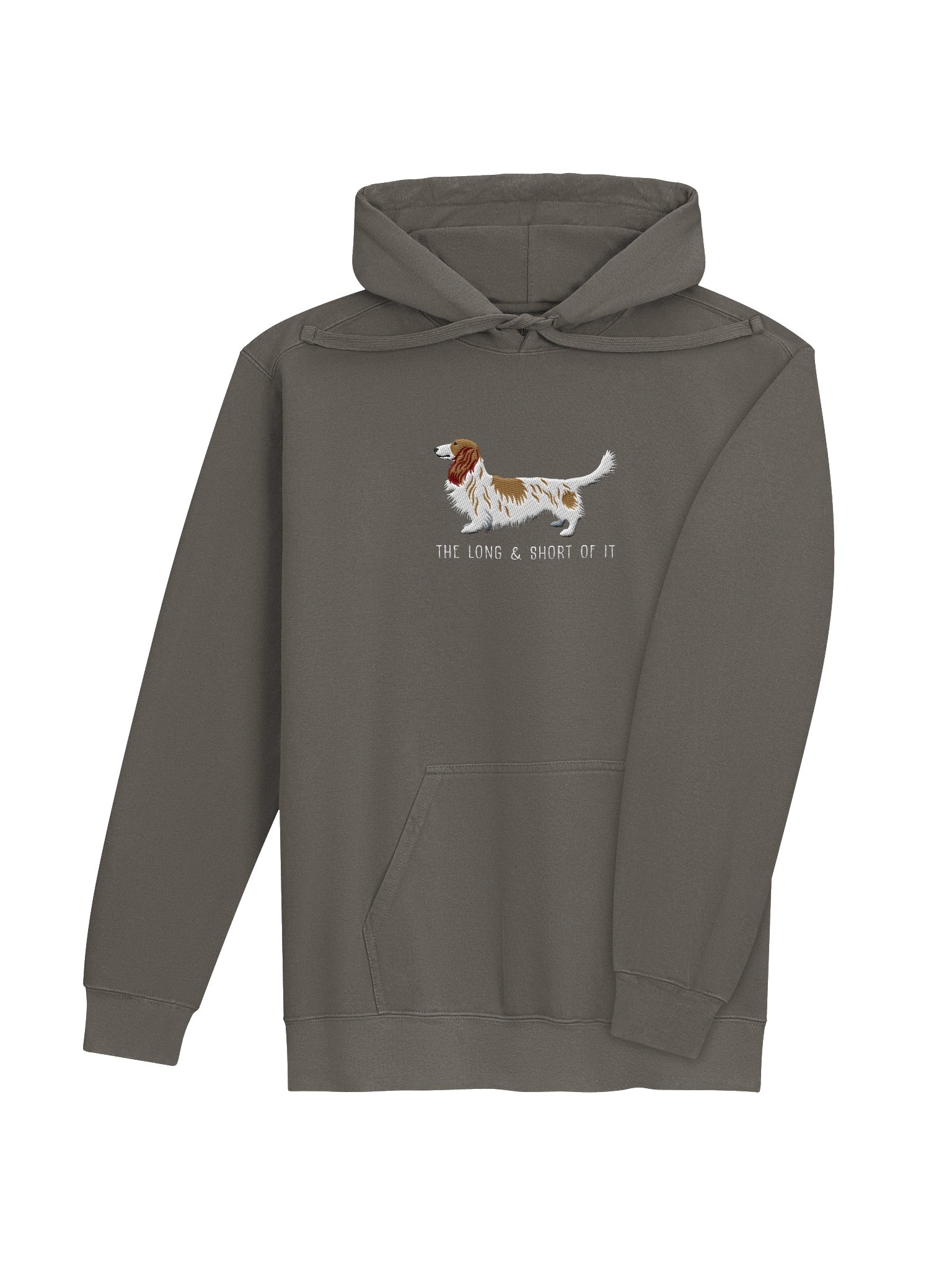 The Long & Short of It Premium Hoodie (Embroidered) of a Longhaired Dachshund(Pied Brown & White) product image (4)
