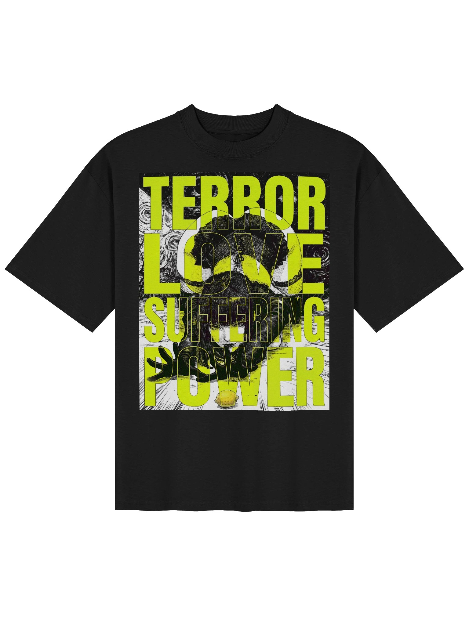 TERROR & LOVE LEMON front Organic Oversized Dark T-Shirt product image (1)