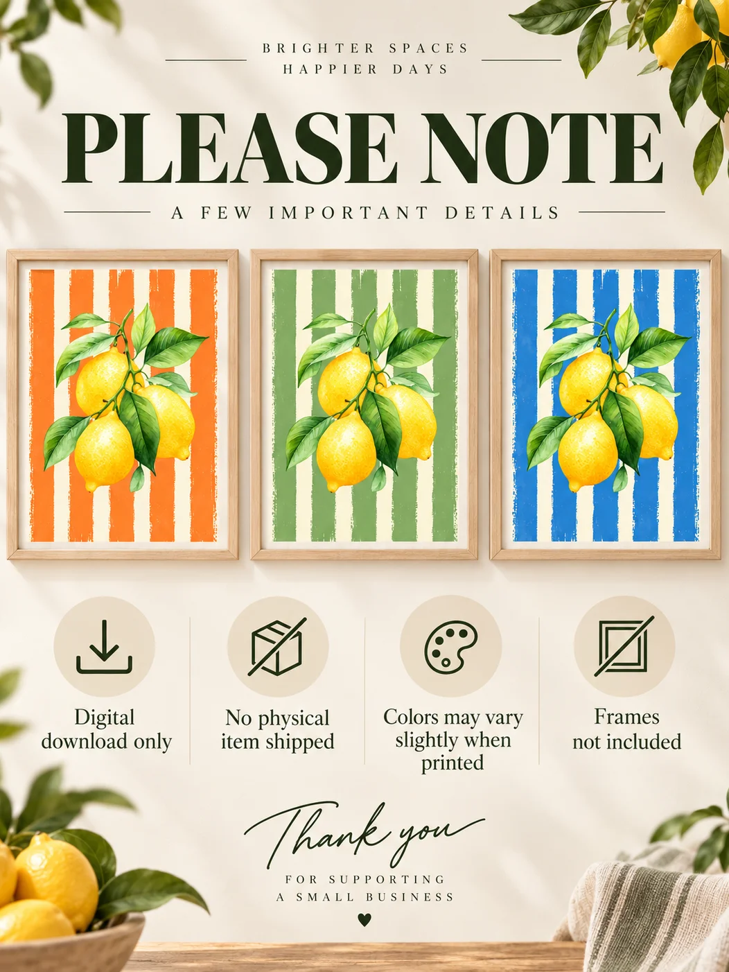 Lemon Wall Art Set | Citrus Kitchen Decor | Mediterranean Printable Posters | Orange Blue Sage Botanical Trio Download product image (5)