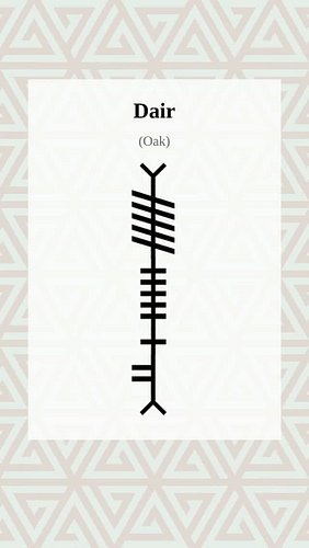 Ogham Word of the Day:dair 
Explore more Ogham: The Ancient Irish 'Tree Alphabet' , 
Medieval history and linguistics at Ogha...