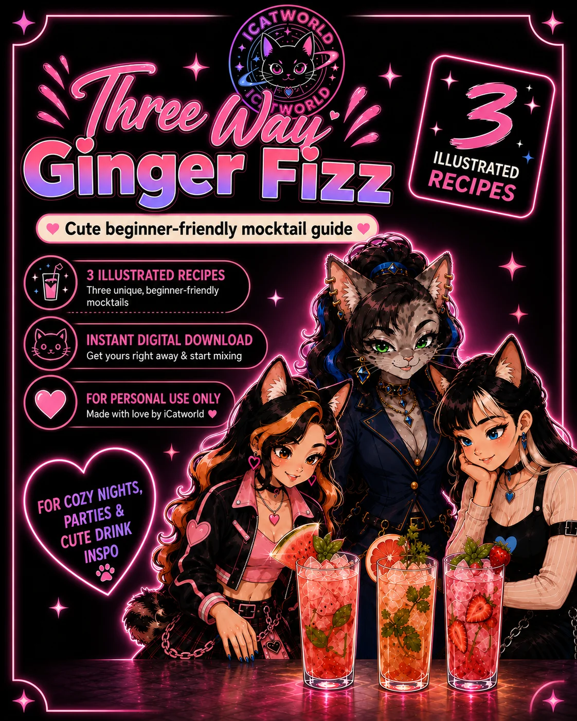Ginger Mocktail Recipe Guide, 3 Easy Non Alcoholic Drinks, Cute Illustrated Mocktail PDF, Beginner Friendly Drink Recipes product image (1)