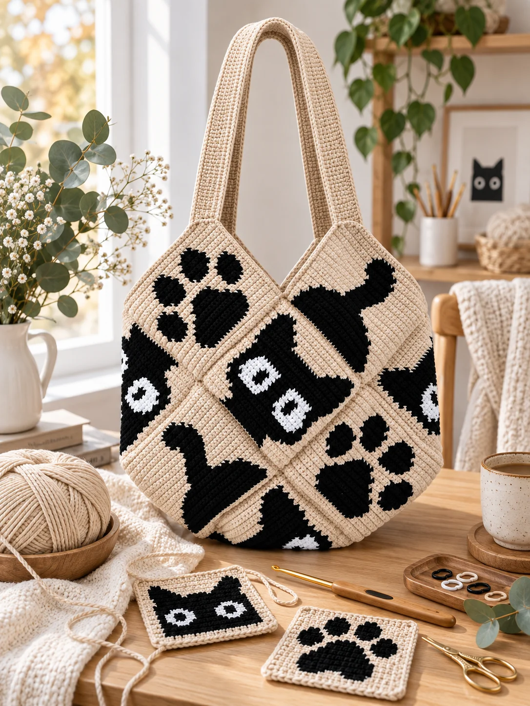 Cat Crochet Tote Bag Pattern PDF | Paw Print Mosaic Design 🐾 product image (6)