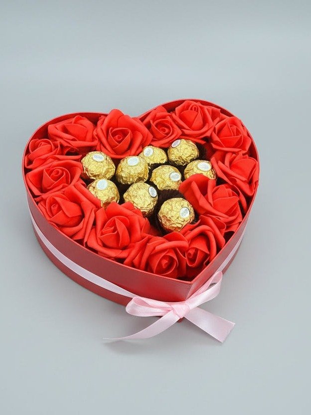 Romantic Chocolate Heart Box for Her – Red Roses & Ferrero Rocher Chocolates product image (1)