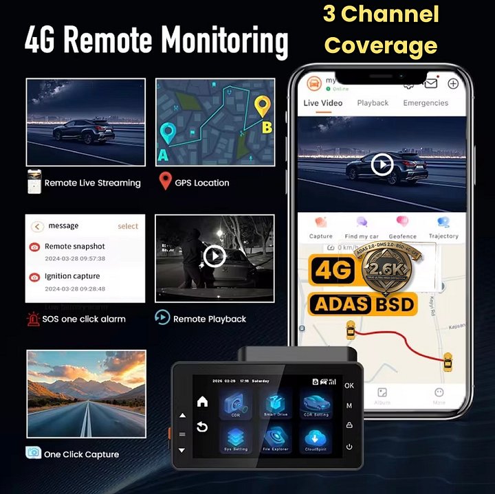 SRS ABSOLUTE 3 Channel 2.6K 4G Dash Cam GPS Live Video IR Night Vision STARVIS2 ADAS BSD DMS Parking Monitor Calling Pedestrian TimeLapse WiFi Hotspot Loop Record GSensor 1TB SD SIM Support S52KGen4 product image (2)