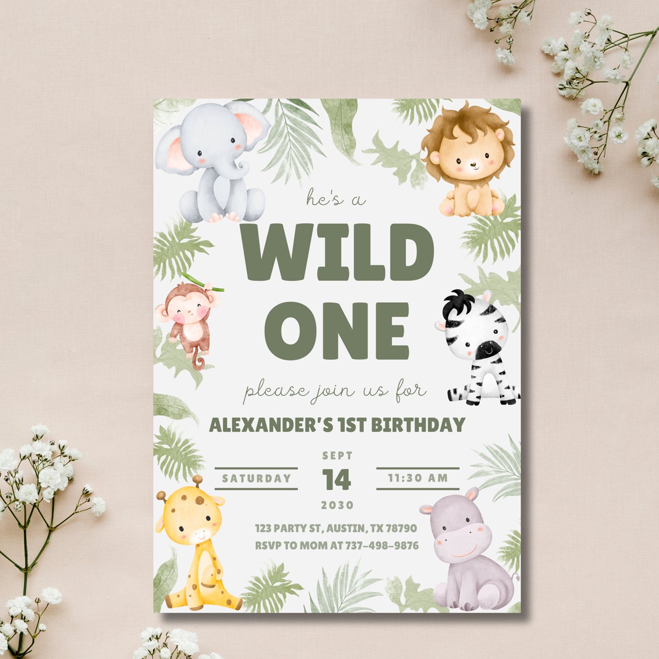 Wild One Birthday Invitation | Safari 1st Birthday Invite | Jungle Party | Animal Theme | Editable Canva Template product image (4)