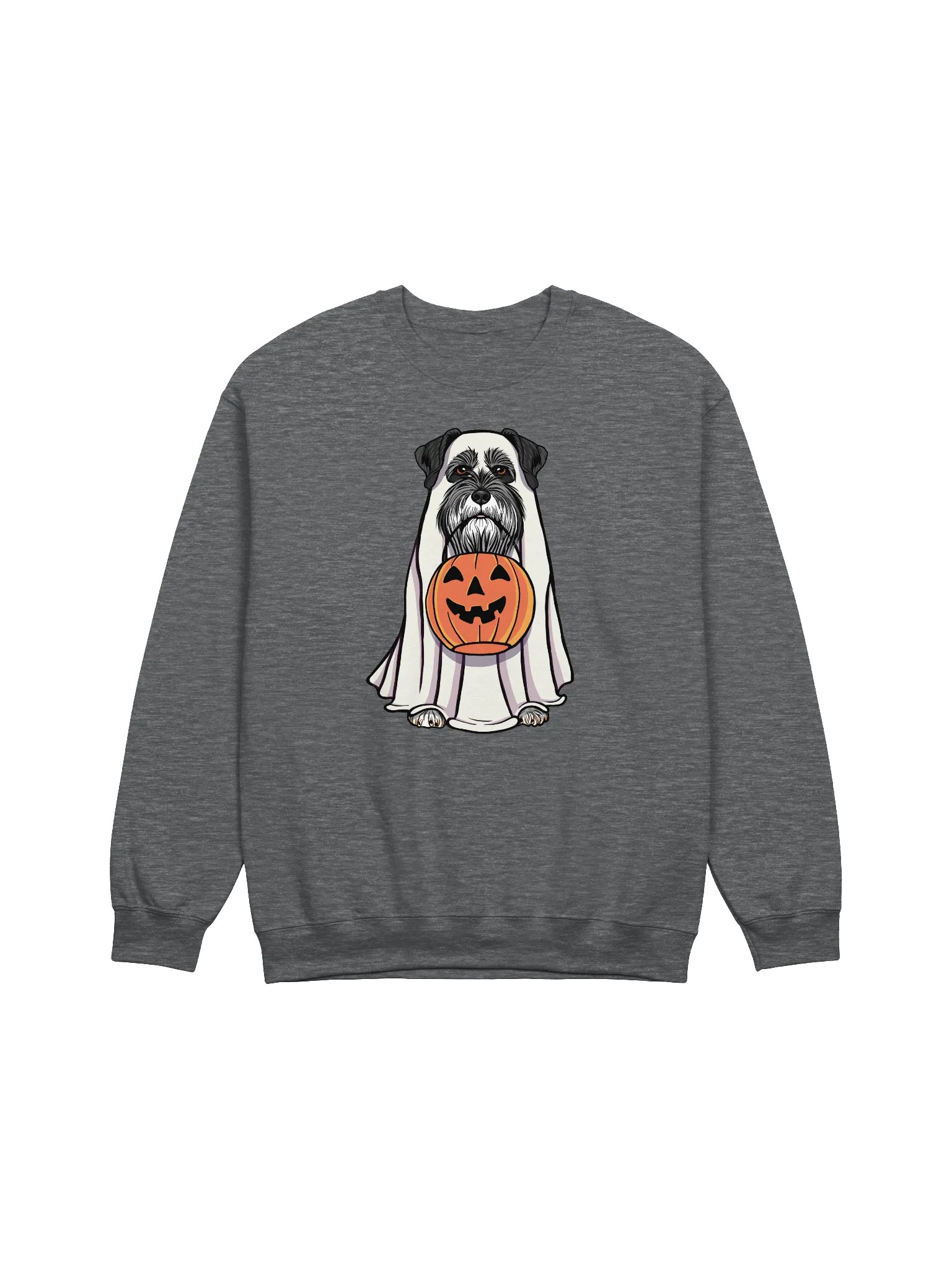 Funny Halloween Schnauzer(Black) Sweatshirt | Funny Schnauzer Wearing a Ghost Costume and Holding a Pumpkin Basket product image (1)