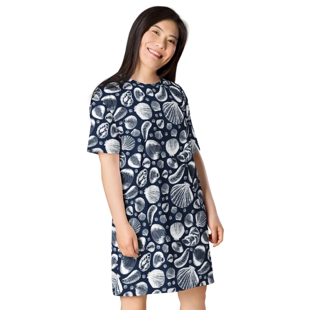 New England Tidal Treasures | T-Shirt Dress | Seashell Print, Oversized & Comfy | White on Dark Blue product image (4)