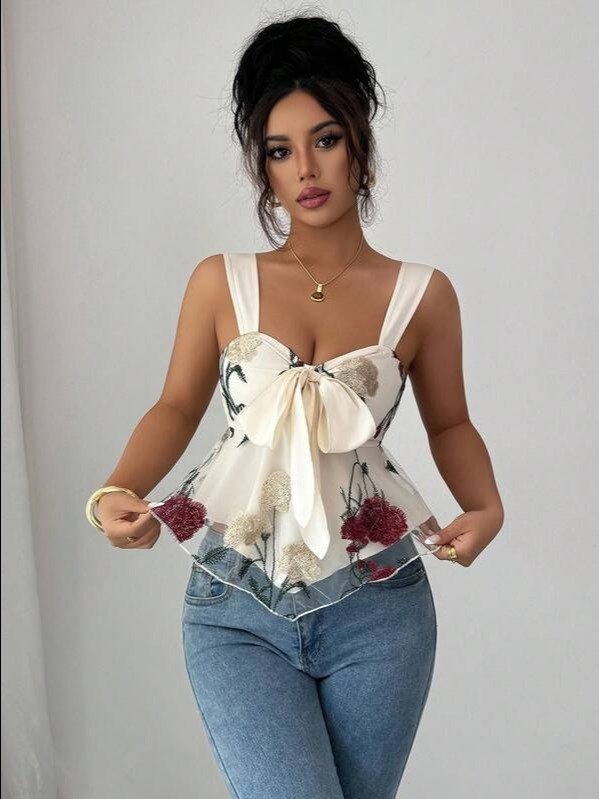 Floral Bow Knot Wide Strap Ruffle Asymmetric Top | Women's Casual Slim Fit Cami for Stage, Concert & Back-to-School | ADLEST product image (1)