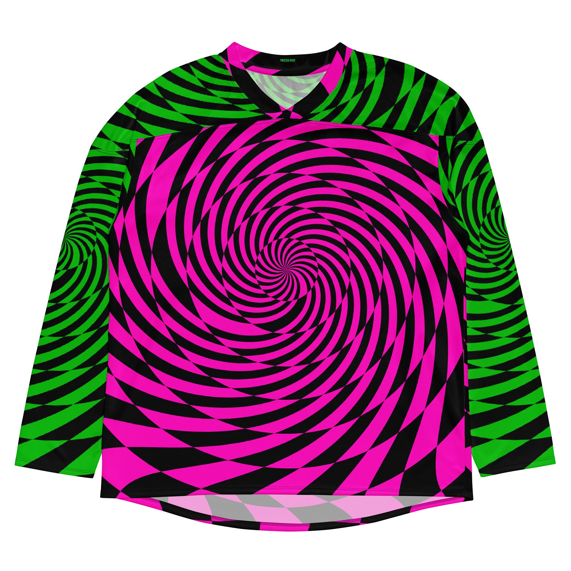 Trippy Rave Hockey Jersey, Psychedelic Spirals EDM Shirt, Fun Swirl Festival Wear, Retro Raver Fashion, Neon Pink Green Checkers Clothes product image (3)