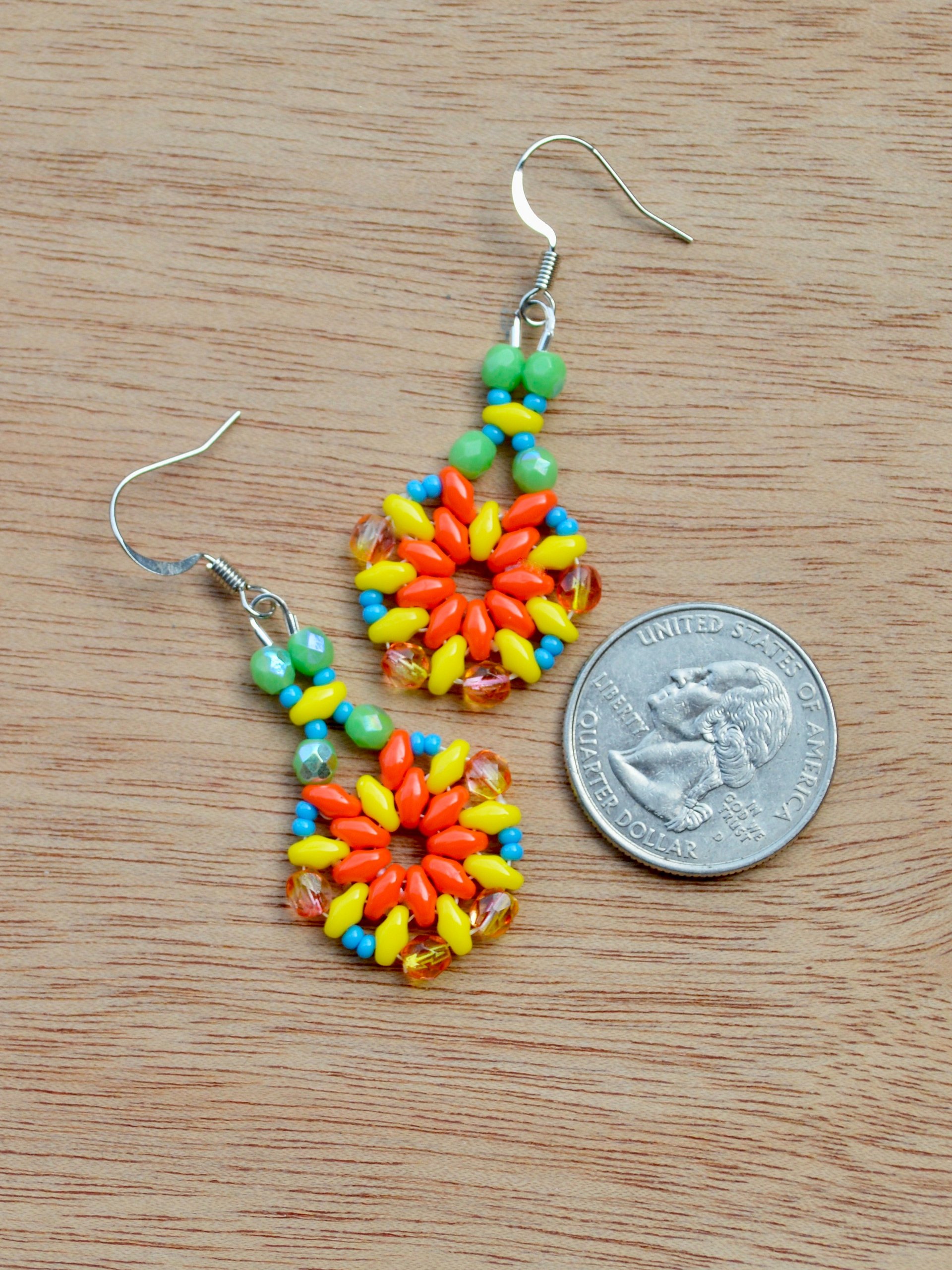 Colorful Orange and Yellow Dangle Earrings With Green Beads product image (2)