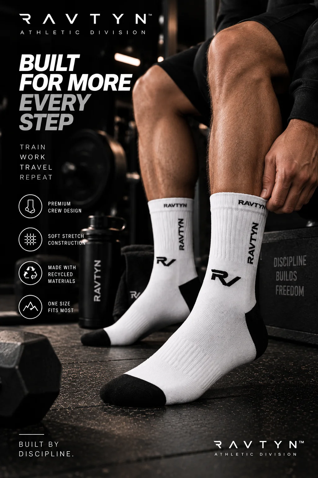 RAVTYN Essential Performance Crew Socks — White/Black product image (2)