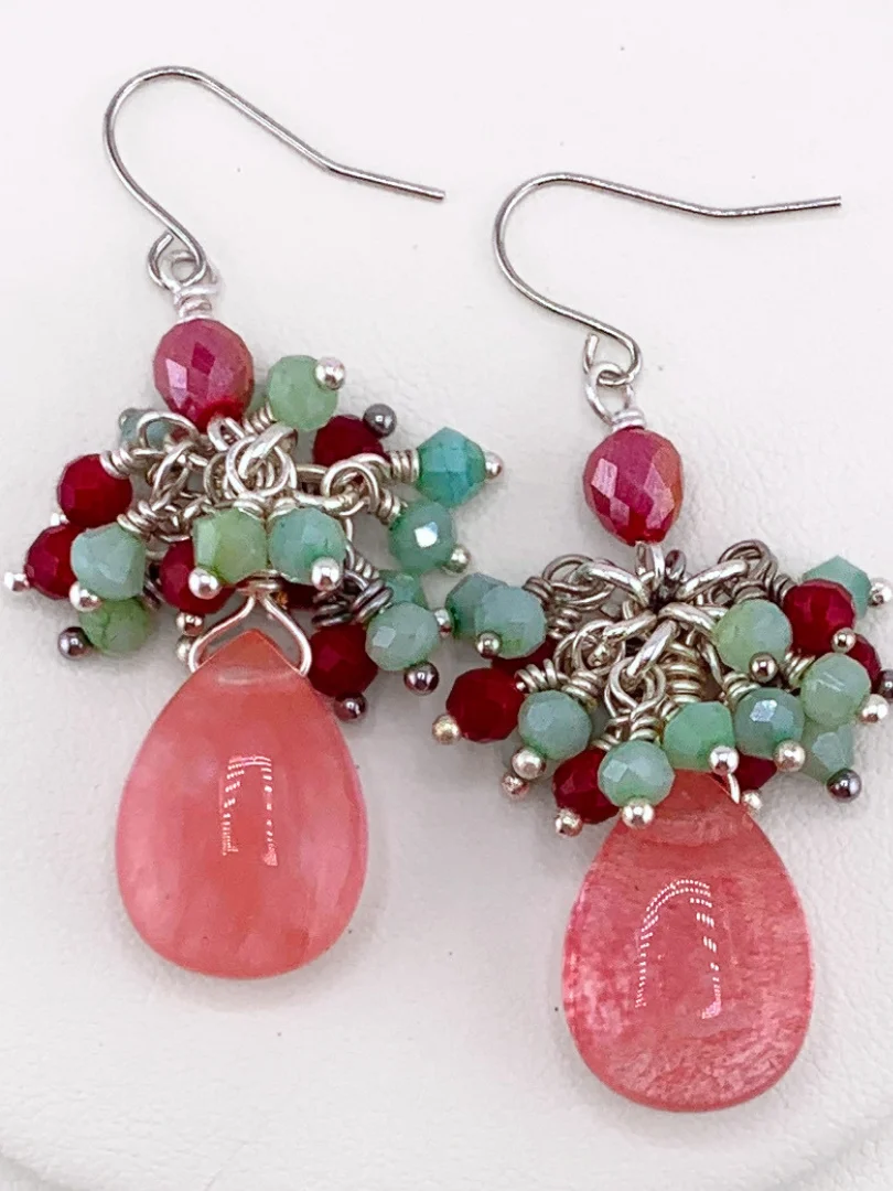 Lampwork Strawberry, Cherry Quartz Beaded Cluster Pendant Necklace Set product image (3)