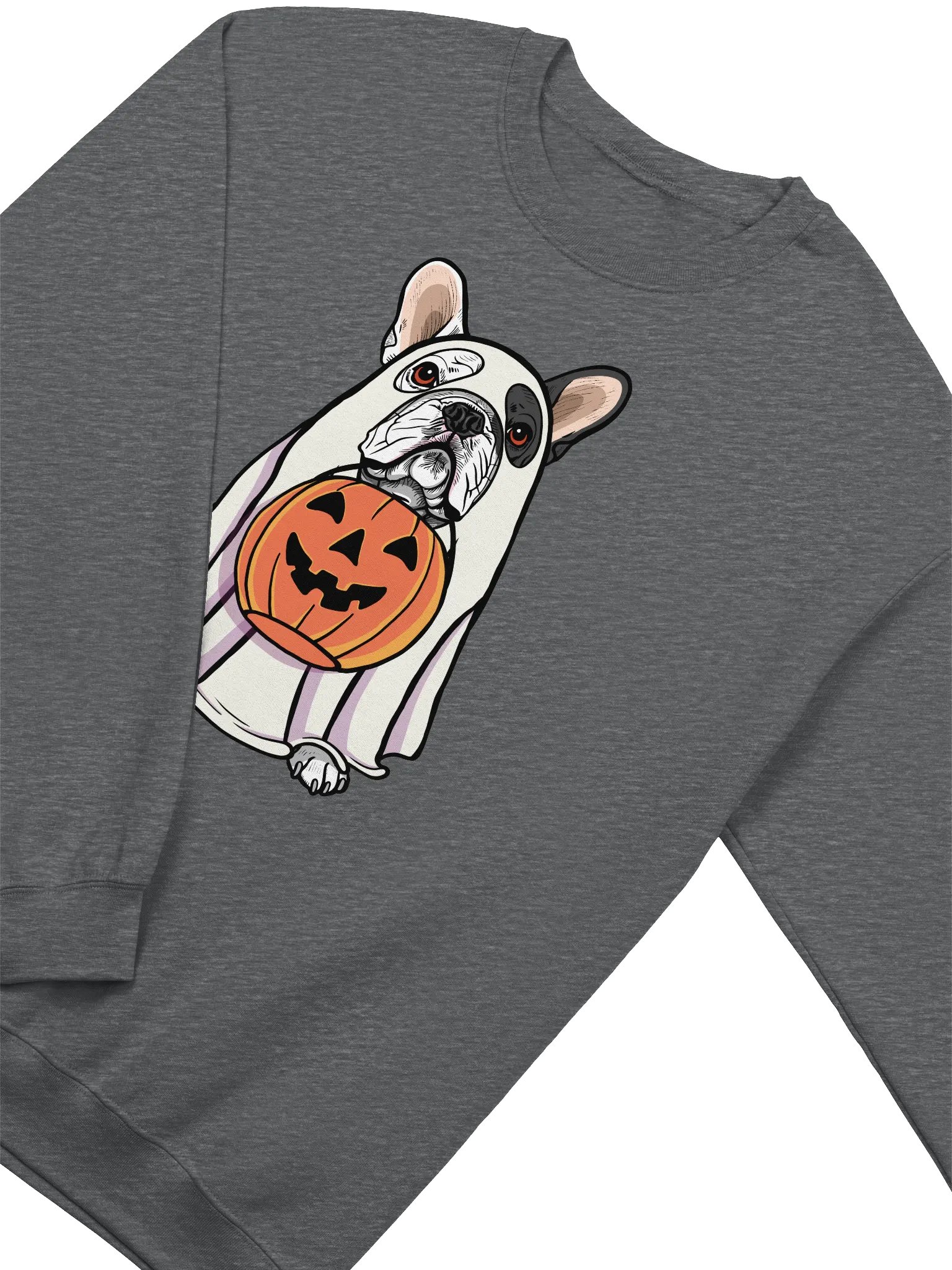 Funny Halloween French Bulldog(Pied) Sweatshirt | Funny Frenchie Wearing a Ghost Costume and Holding a Pumpkin Basket product image (4)