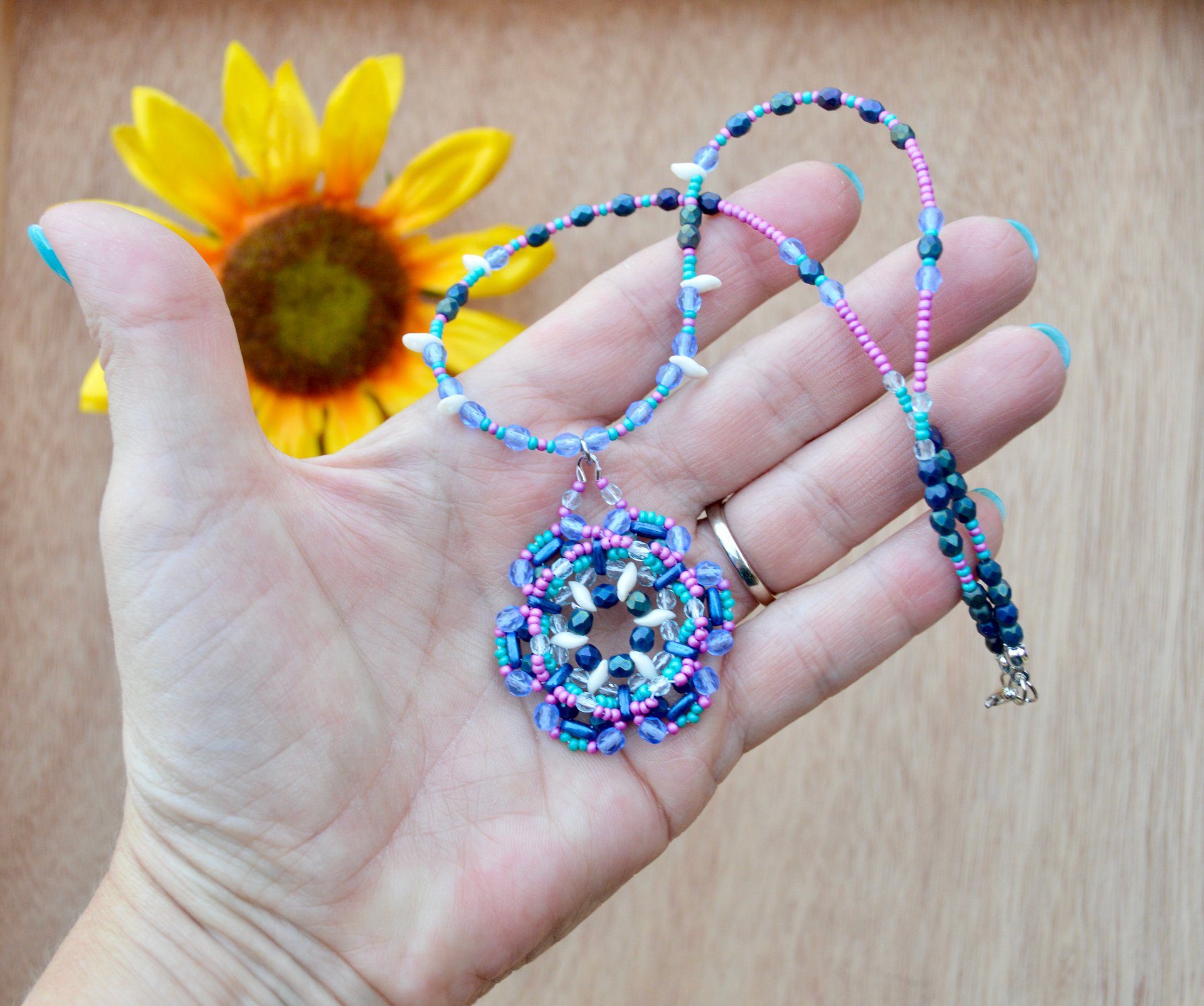 Blue and Pink Beaded Handmade Seed Bead Flower Pendant Necklace product image (2)