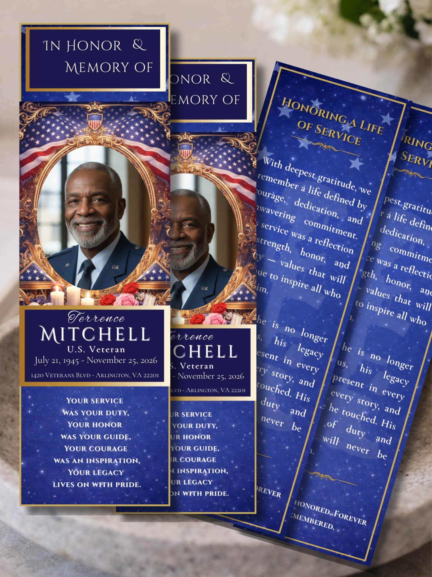 Military Memorial Bookmark Template, Veteran Funeral Keepsake, Editable Canva Patriotic Tribute product image (2)