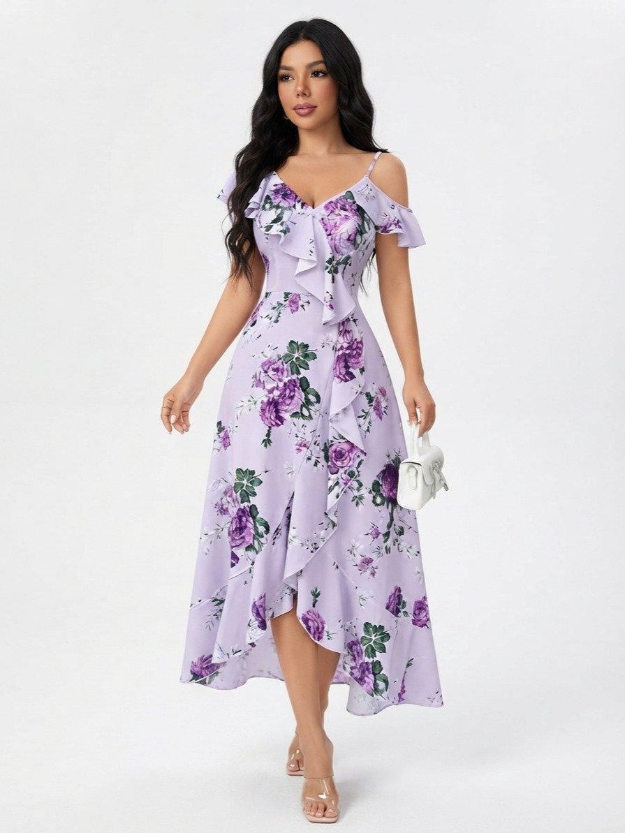 Elenzga ADLEST Women's Elegant Pink Floral Summer Maxi Dress, Retro Palace Style Wedding Ninang Party Outfit, Oblique Collar Ruffle Hem Asymmetric Long Beach Dress product image (5)
