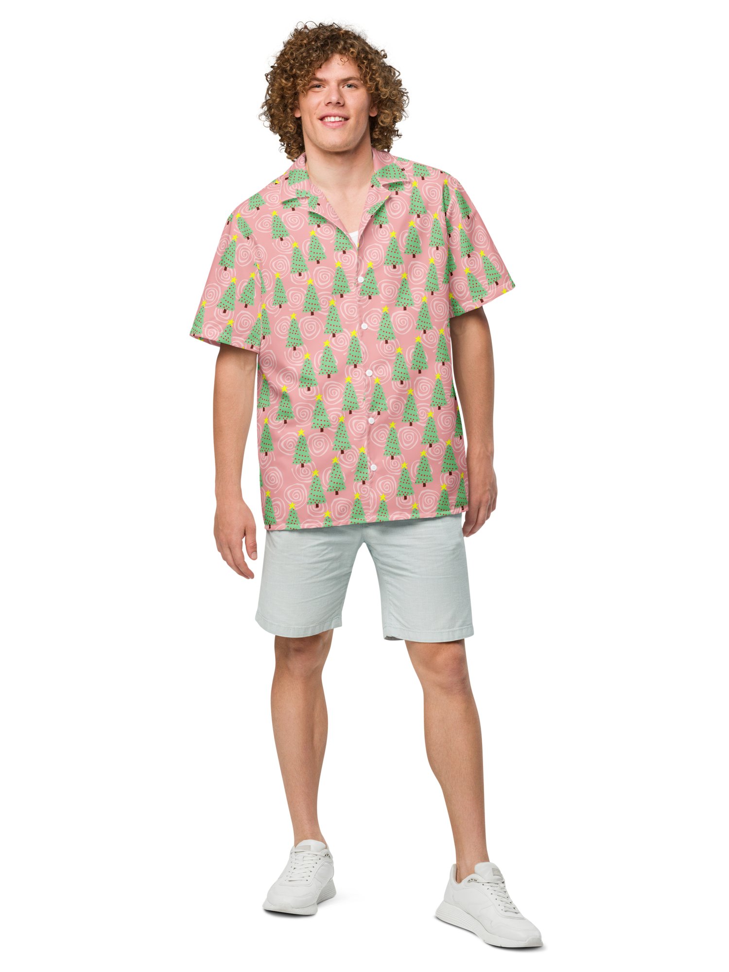 Mint Green Christmas Trees on Pink Oversized Button Down Shirt product image (4)