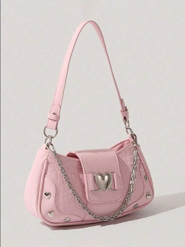 Pink Y2K Saddle Bag | Heart & Chain Detail Top Handle Shoulder Bag | ADLEST product image (1)