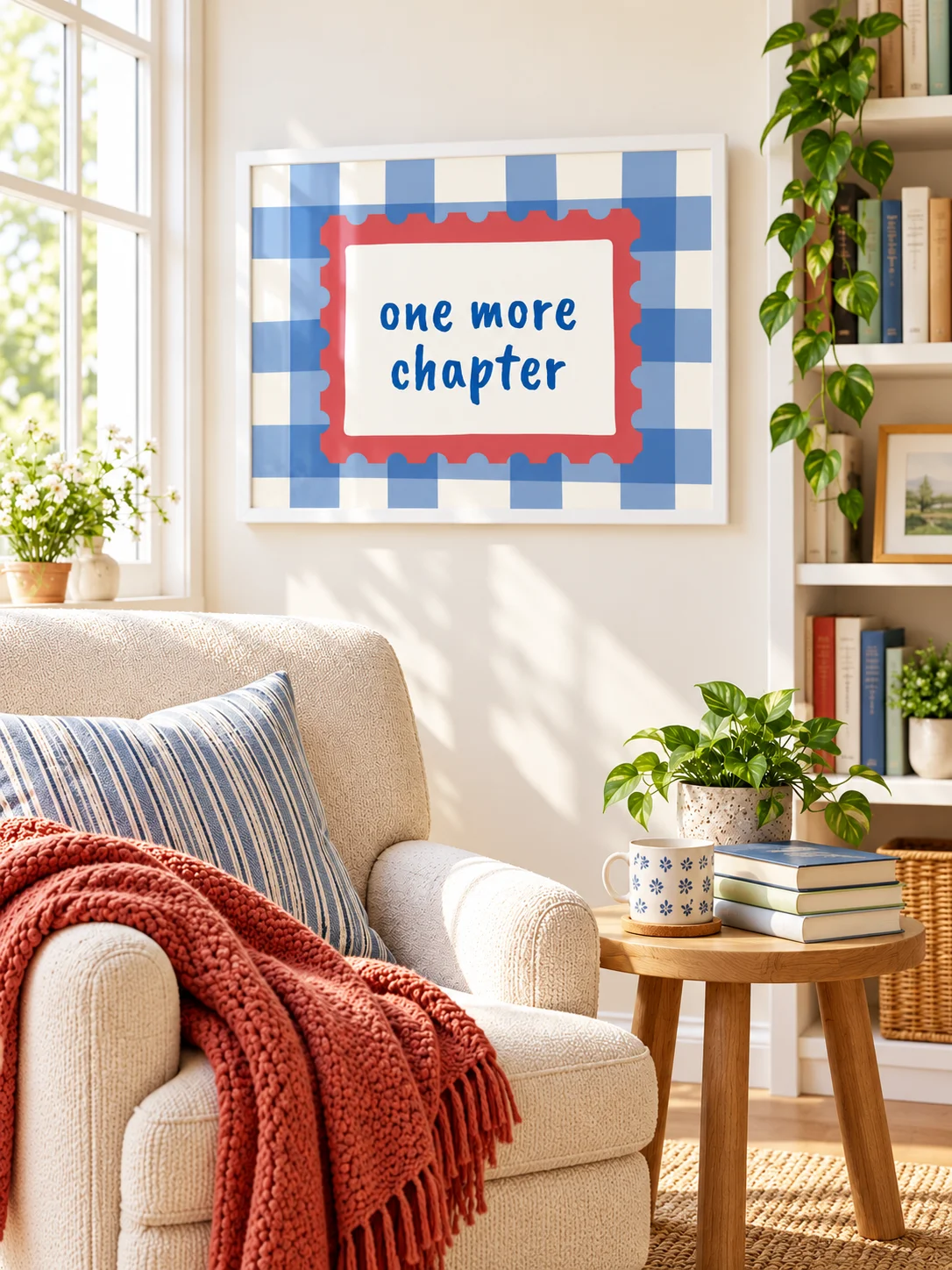 One More Chapter Printable Wall Art | Book Lover Quote Poster | Reading Nook Decor | Blue Gingham Literary Download product image (5)