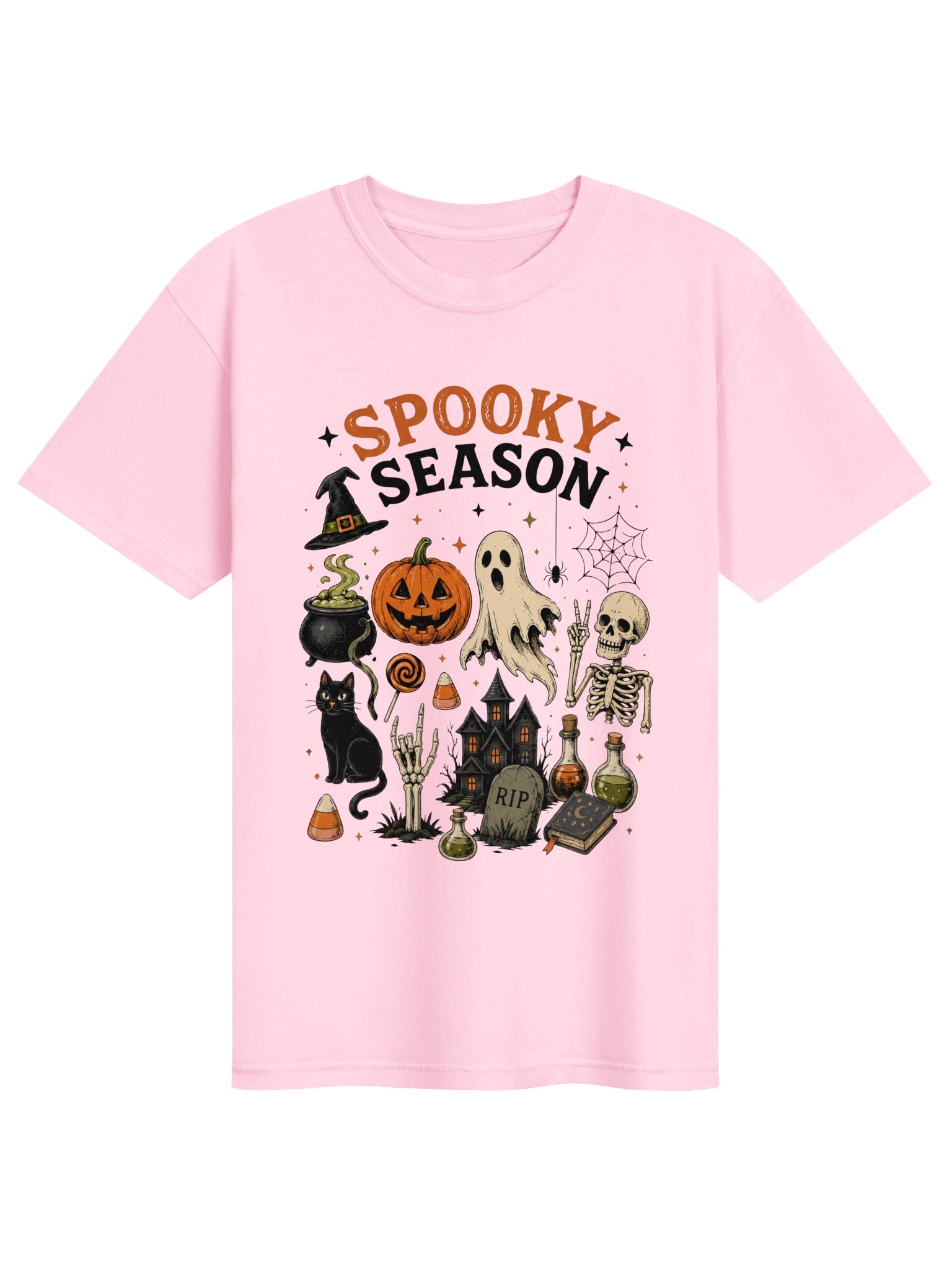 Spooky Season Pastel Halloween Graphic Tee - Cute Ghost, Pumpkin & Cat Shirt product image (7)