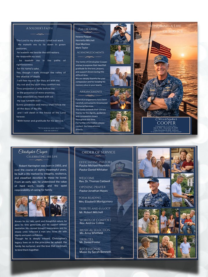 US Navy Trifold Funeral Program Template • Sunset Landscape with Flag • Editable in Canva • US Letter & Legal Sizes • 6 Pages product image (2)