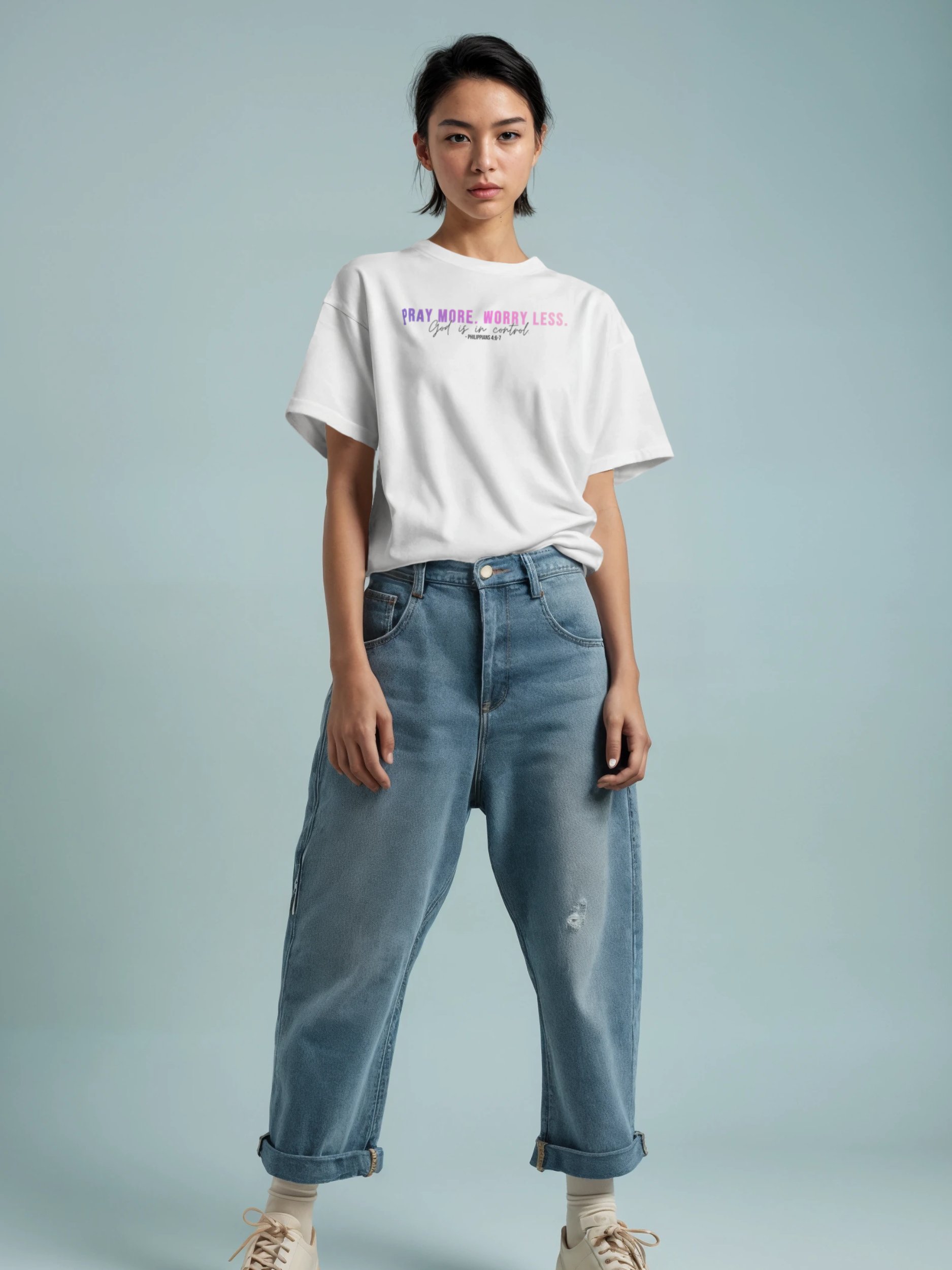 Pray More Worry Less 1.0 Unisex Tee - Pink Gradient Text product image (1)
