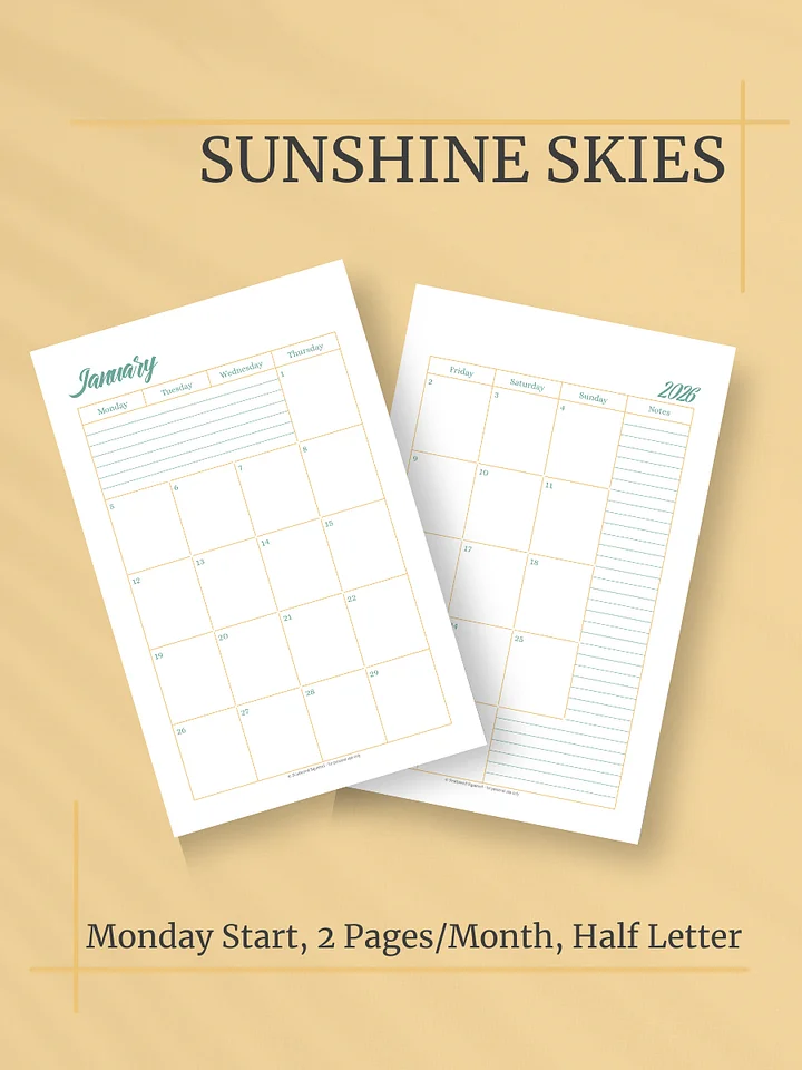 Sunshine Skies 2026 Calendar - 2 Pages per Month, Monday Start, Half Letter Size product image (1)