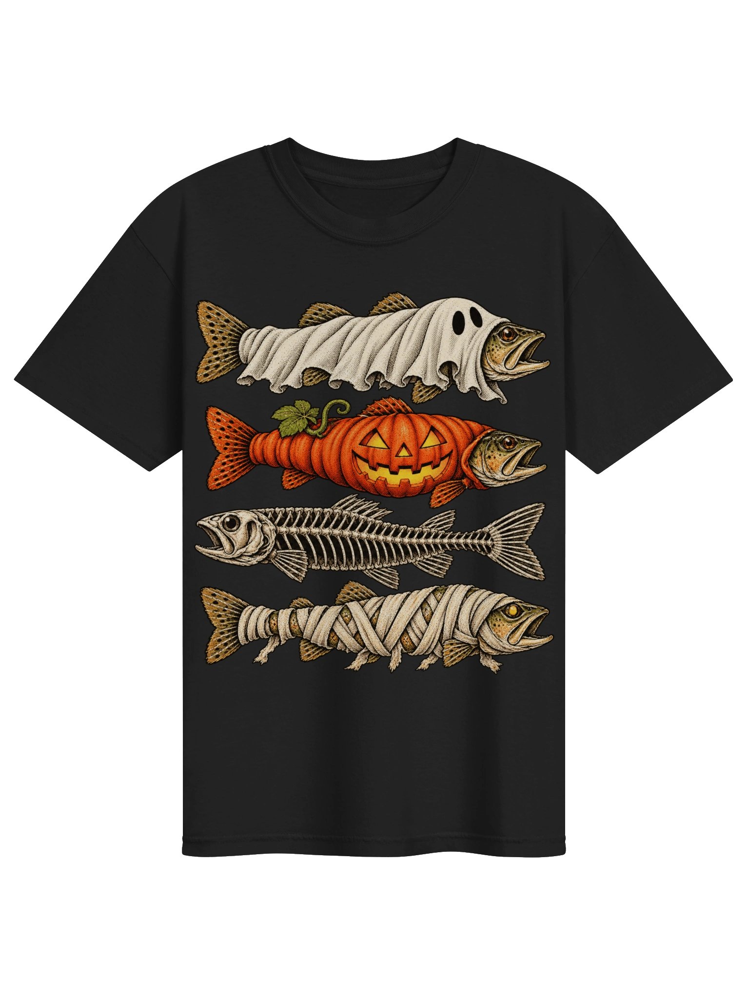 T-shirt de pêche d'Halloween avec un poisson-bar effrayant | T-shirt avec un poisson squelette de citrouille fantôme et de momie, cadeau pour pêcheur effrayant Comfort Colors® product image (1)
