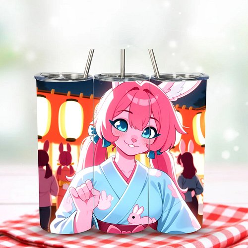 New drop! 🐰✨ Adorable bunny girl rocking her kimono at the lantern festival – full-wrap 20oz tumbler with straw & lid. Keeps ...
