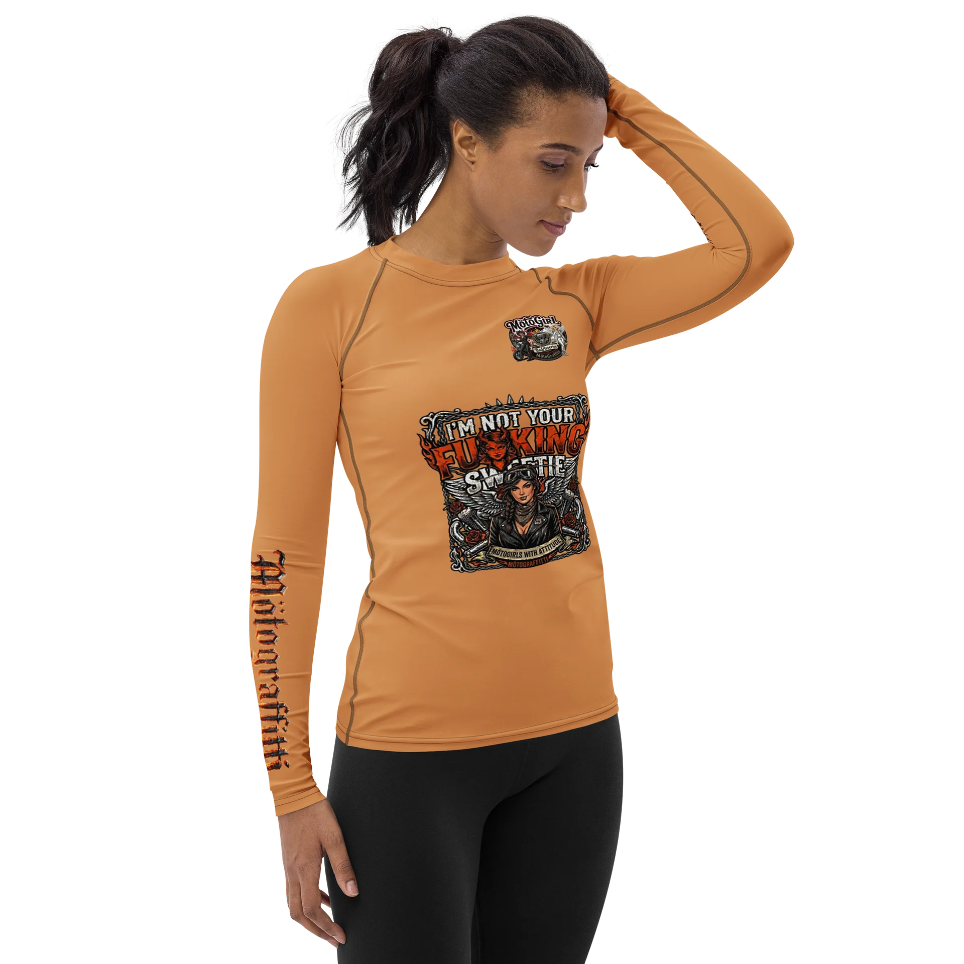 Women's MötoGraffitti Not Your Sweetie Long Sleeve "Rash Guard"Tee Safety Orange product image (4)