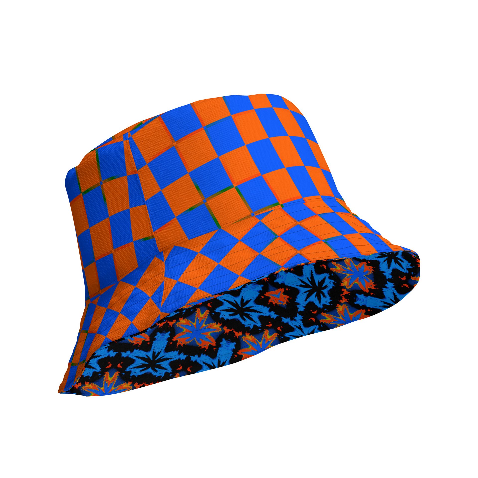 Checkers Cannabis Art Bucket Hat, Stoner Retro Rave Accessory, Pot Leaf 420 Festival Fashion, Blue Orange Black Twisted Weed Alt EDM Style product image (4)
