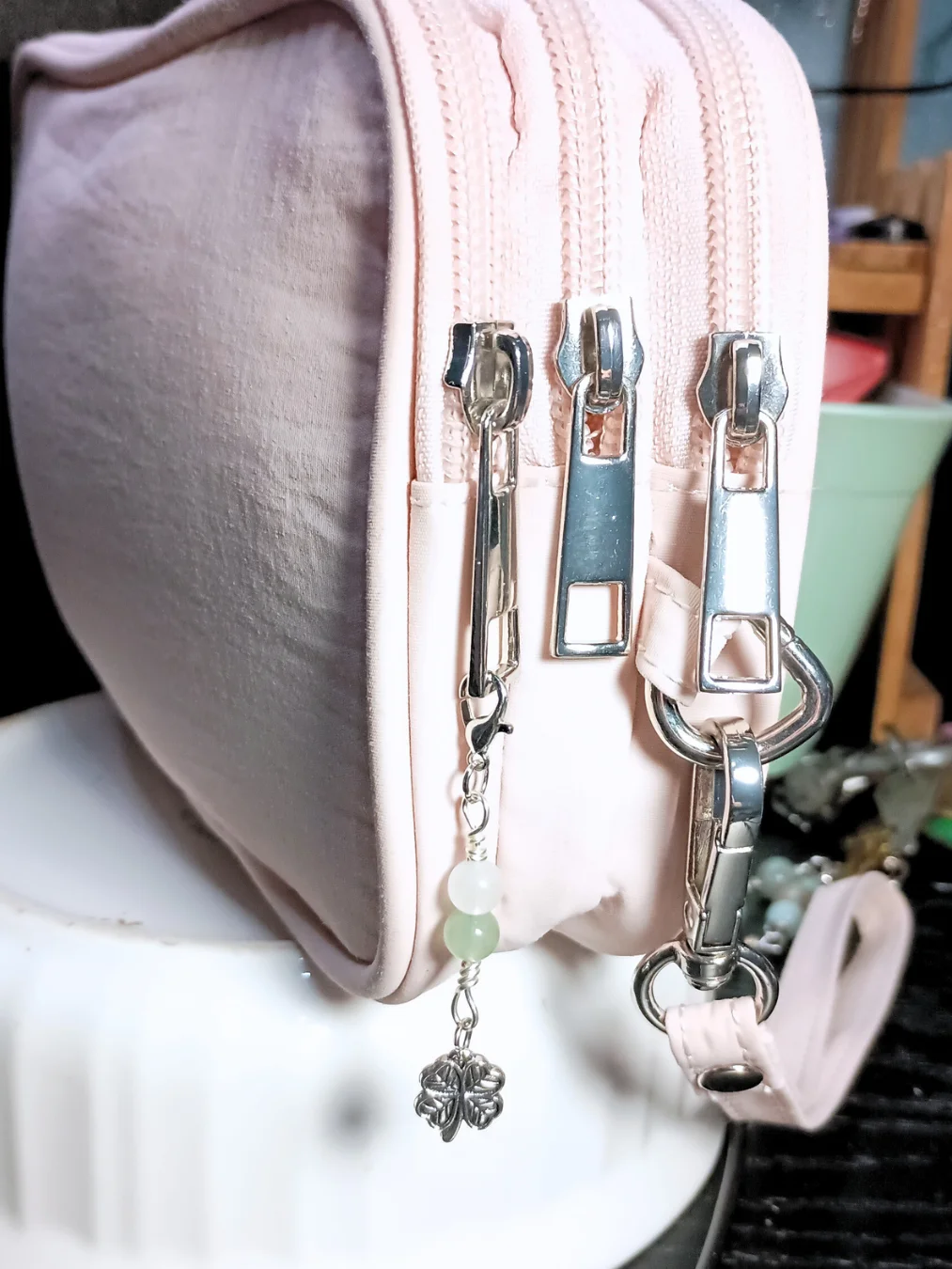 Lucky Clover Notebook Charm | Aventurine & Quartz, Silver-Tone | Stitch Marker | Zipper Pull product image (4)