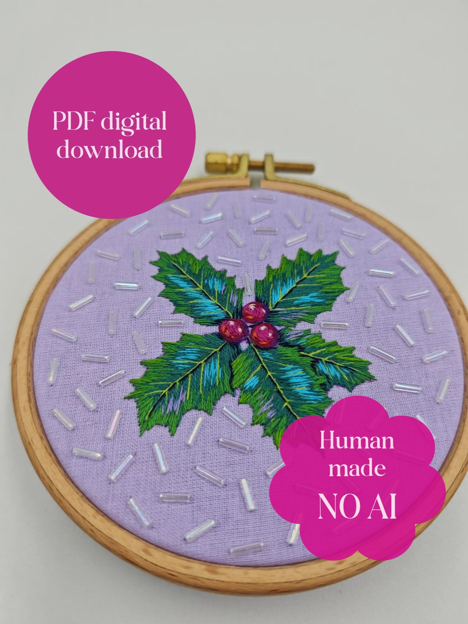 Thread Painting Holly Embroidery Pattern – Beginner Tutorial (PDF Download) product image (1)