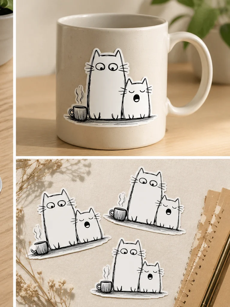 Sleepy Cat Coffee Duo Sticker – Cute Morning Mood Vinyl product image (2)