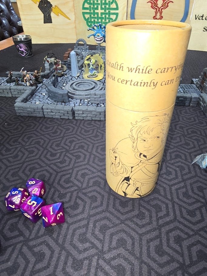 Halfling Rogue Dice Tube with set of dice. product image (1)