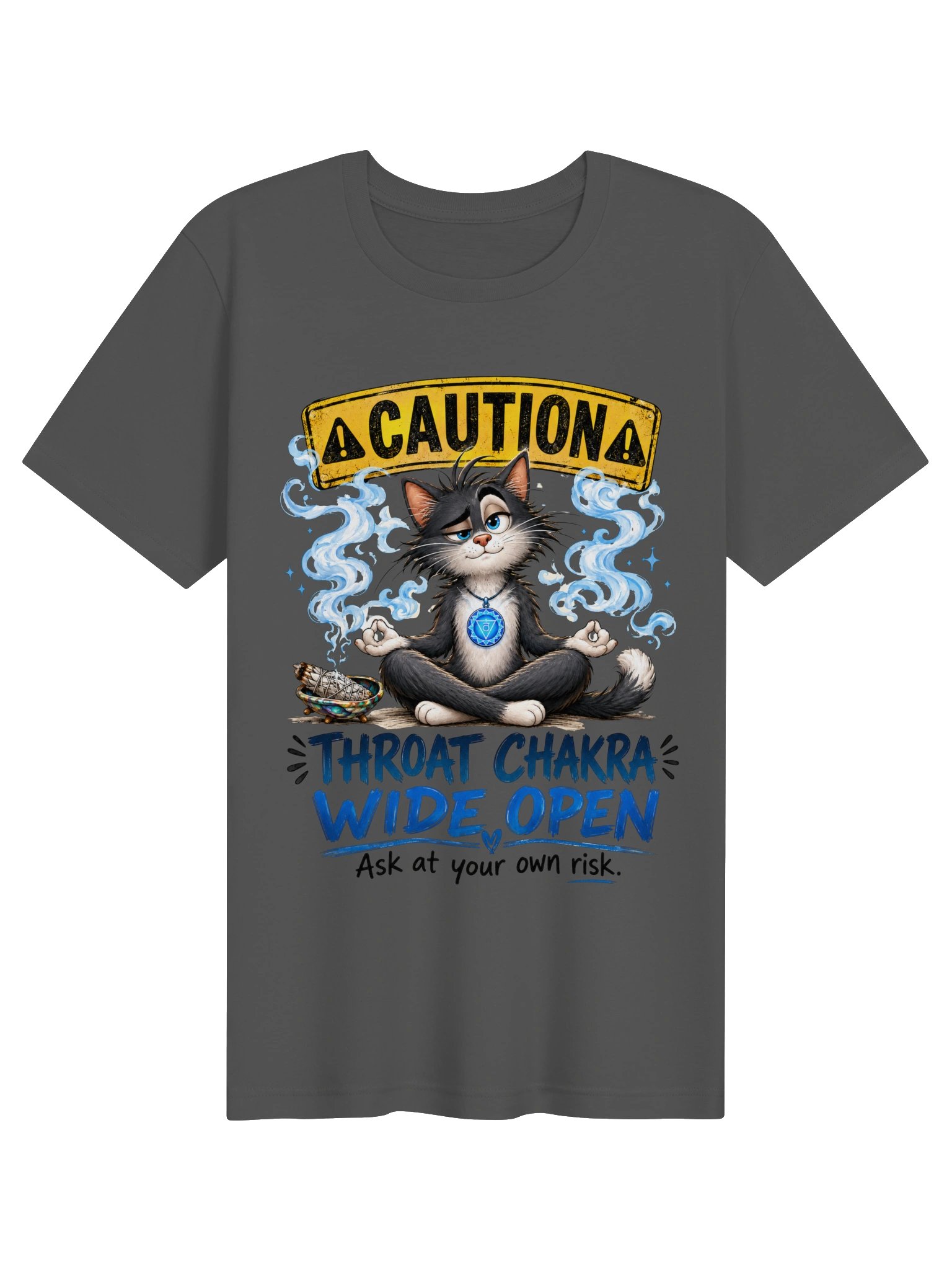 Caution: Throat Chakra Wide Open Meditation Cat Shirt product image (1)
