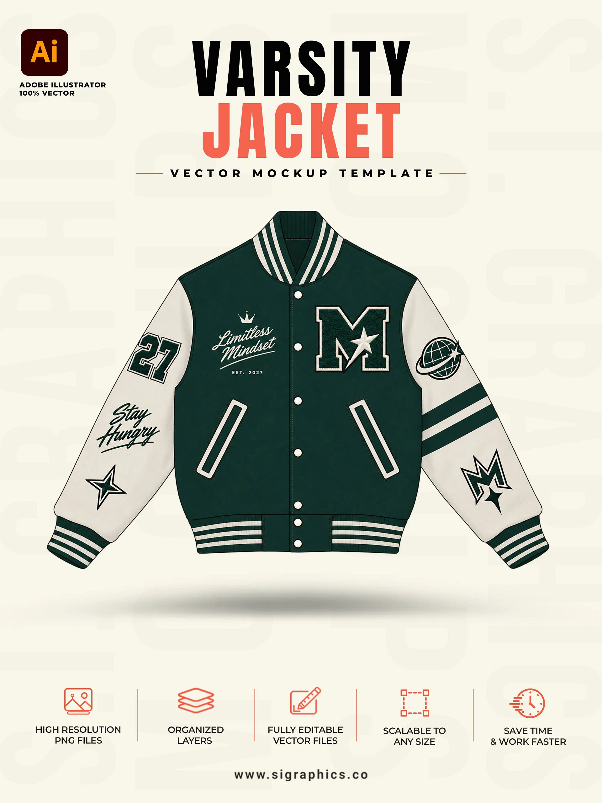 Varsity Jacket Vector Mockup Template – Front & Back Flats product image (1)