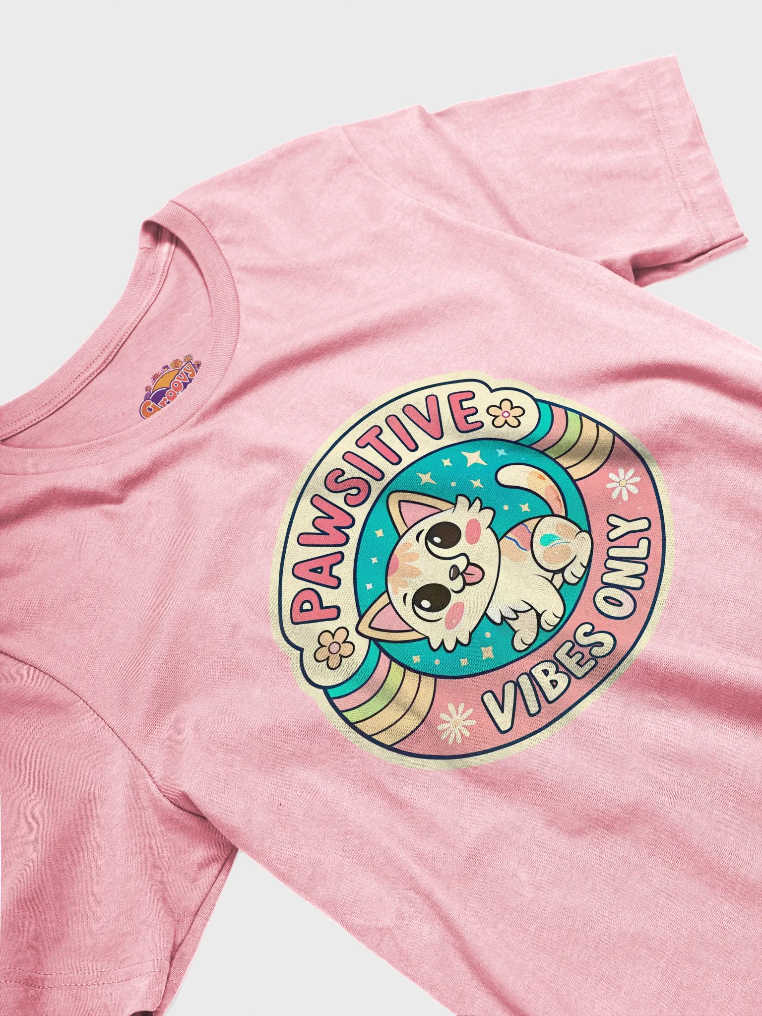 Pawsitive Vibes Cartoon Cat T-Shirt product image (2)