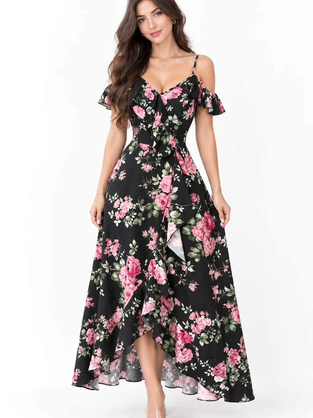 Elenzga ADLEST Women's Elegant Pink Floral Summer Maxi Dress, Retro Palace Style Wedding Ninang Party Outfit, Oblique Collar Ruffle Hem Asymmetric Long Beach Dress product image (4)