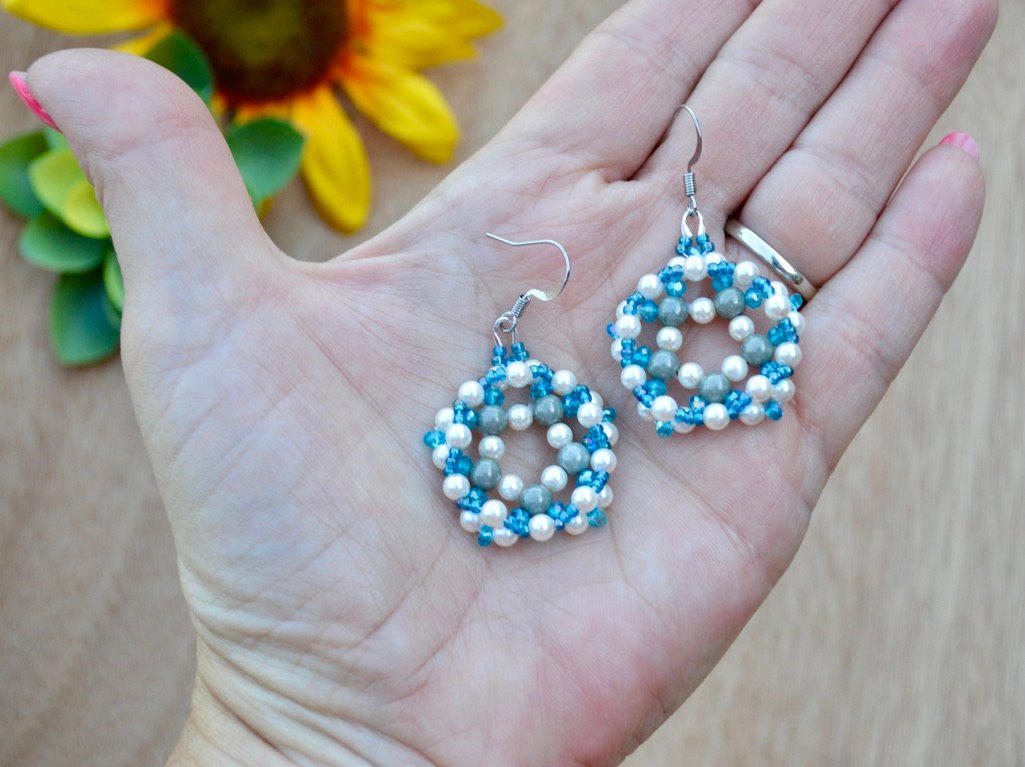Crystal Blue, Grey and White Pearl Handmade Beaded Star Shaped Earrings product image (2)