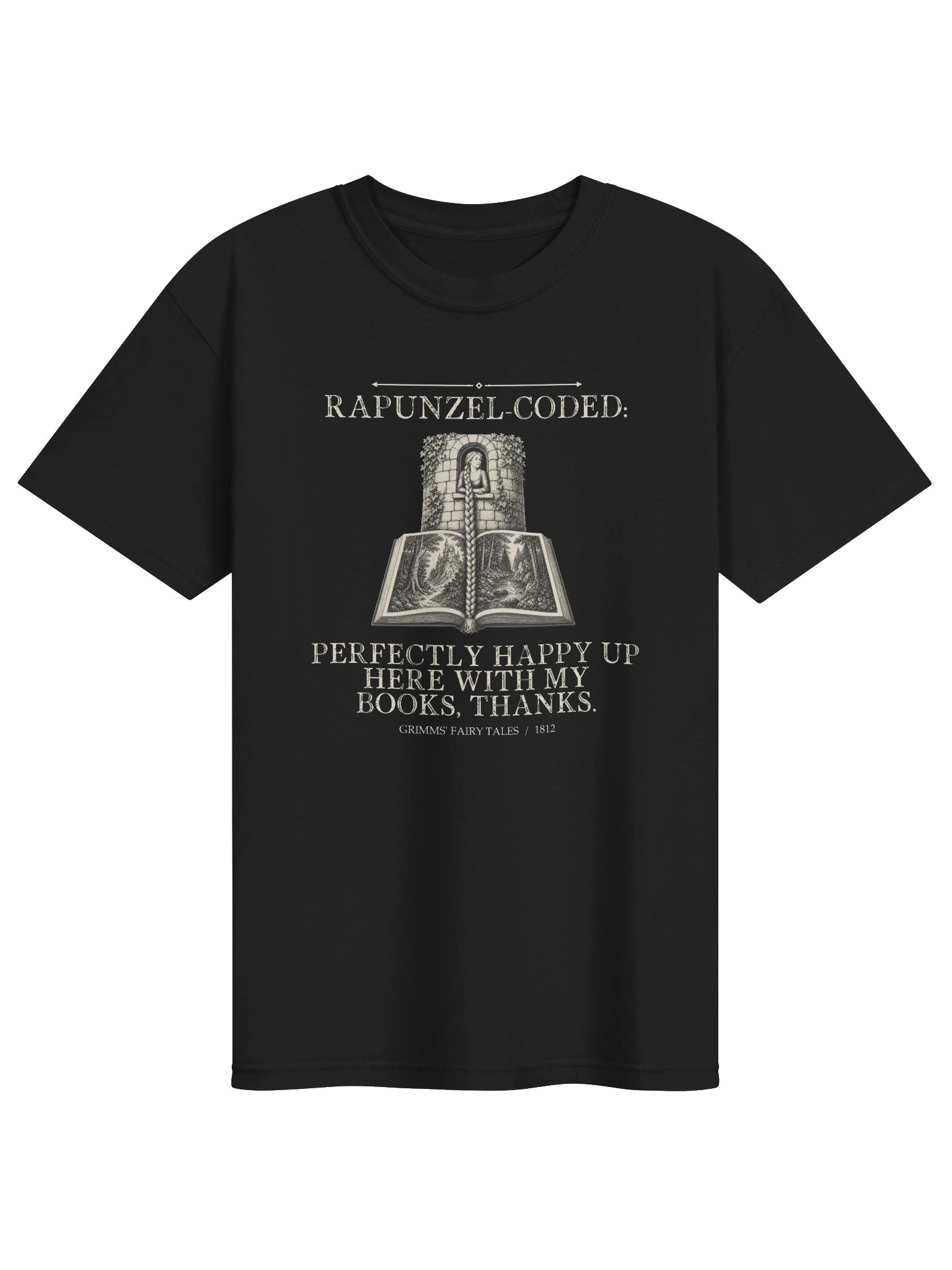 Rapunzel Coded Perfectly Happy Up Here With -- Grimms Fairy Tales Tee (Dark) product image (1)