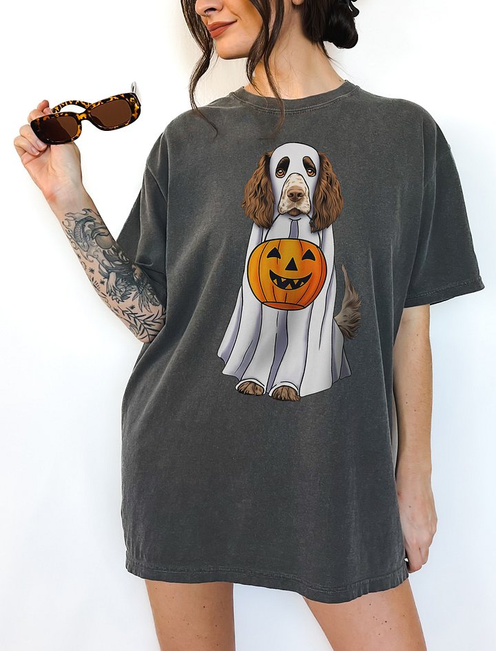 Springer Spaniel Halloween Tee | Funny Fall & Halloween Spaniel Wearing Ghost Costume w/ Pumpkin Basket product image (2)
