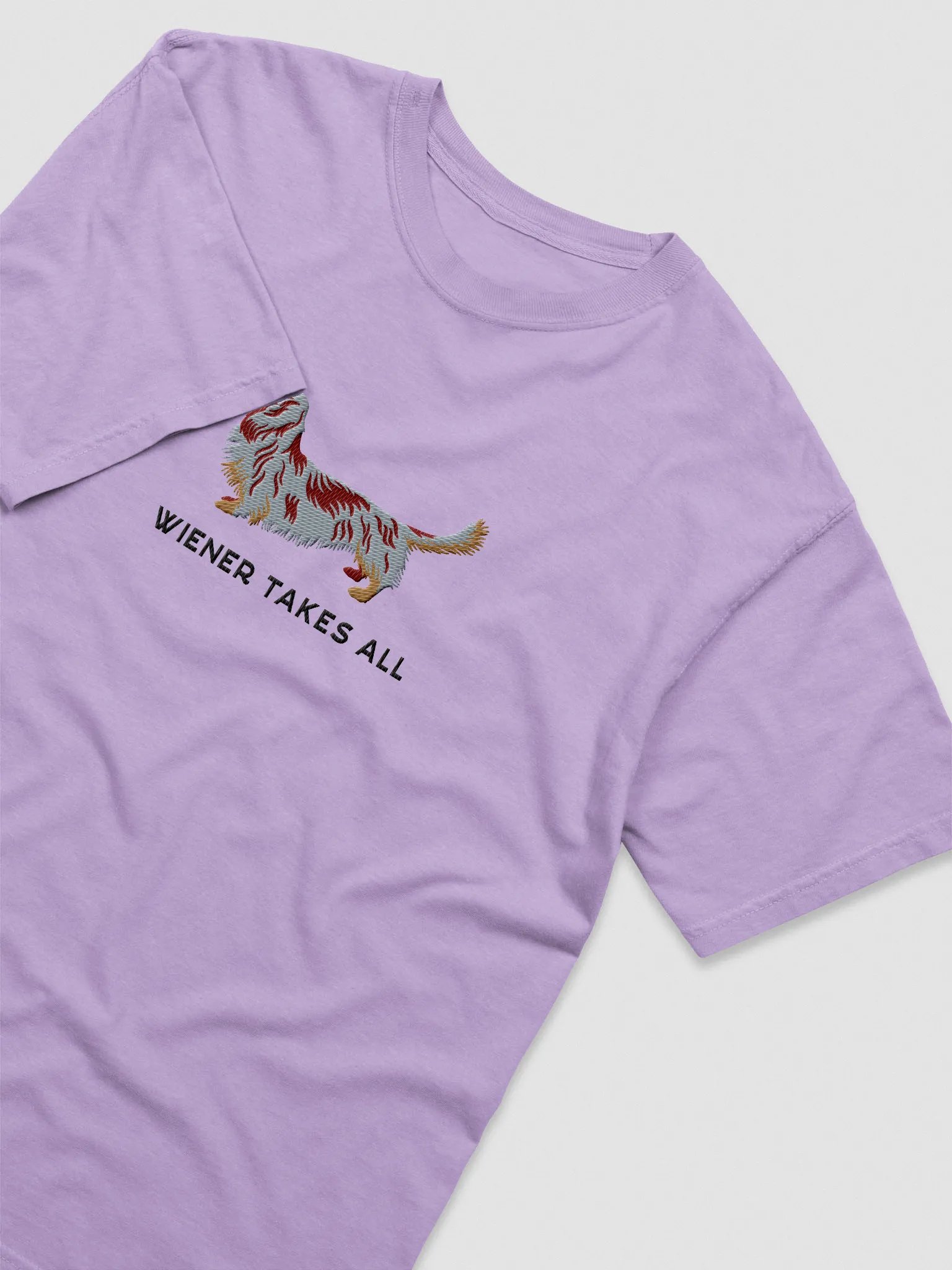 Wiener Takes All T-Shirt(Embroidered) of a Longhaired Dachshund(Red Dapple) product image (6)