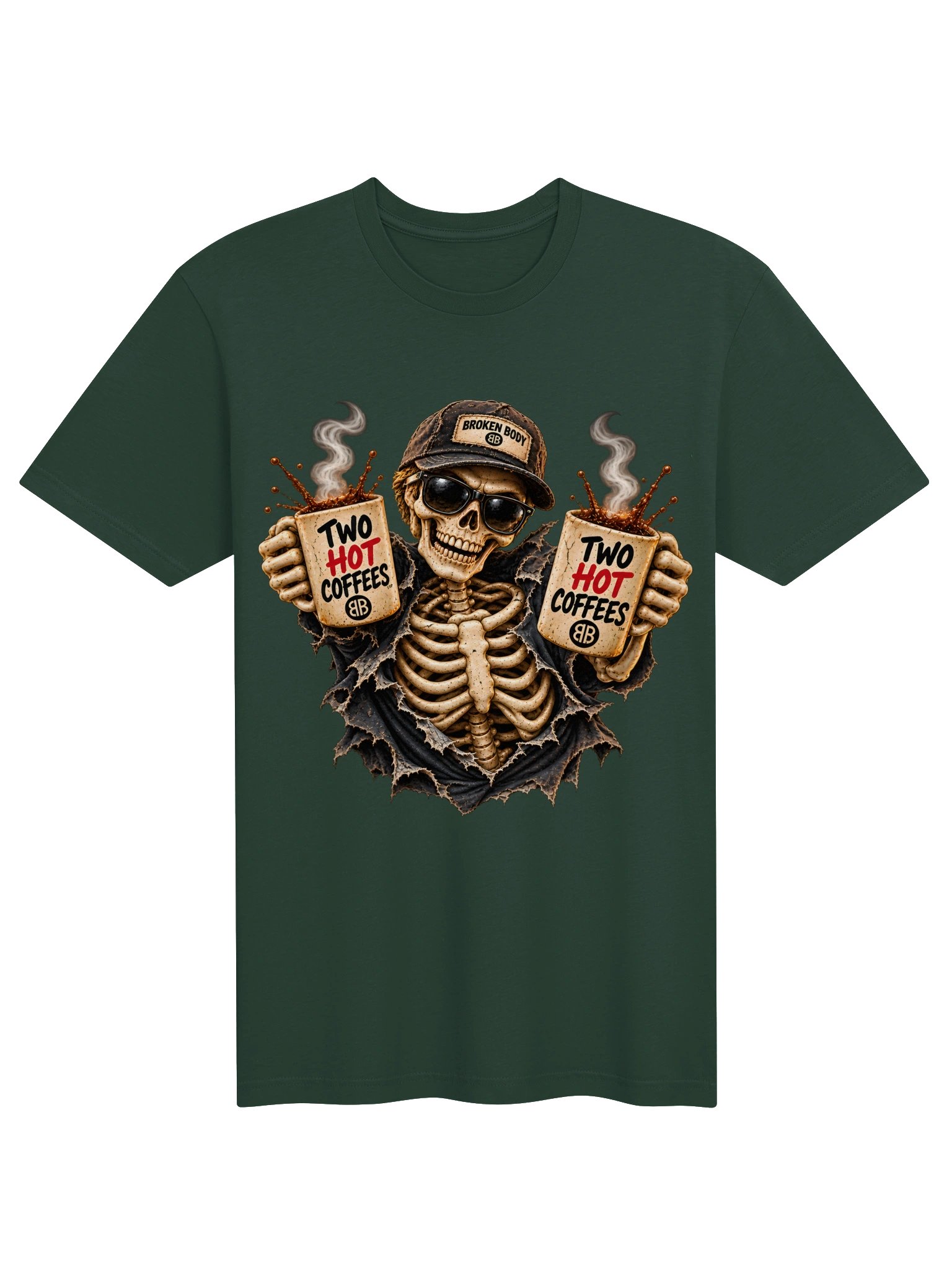 Funny Halloween Skeleton Coffee Shirt — Two Hot Coffees™ Single-Print Tee | Holly-Ween™ product image (2)