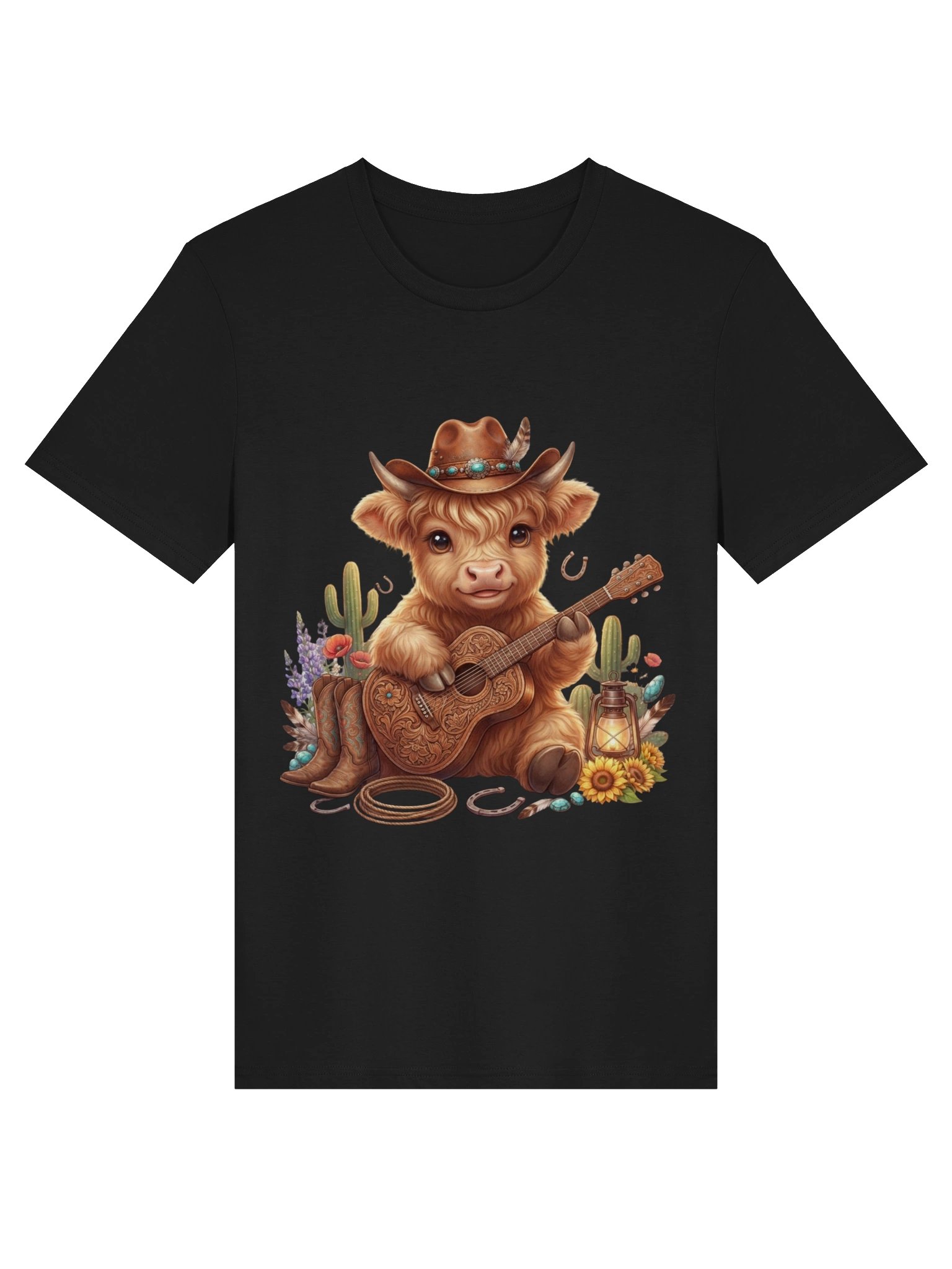 Cute Highland Cow Cowboy Guitar T-Shirt product image (2)
