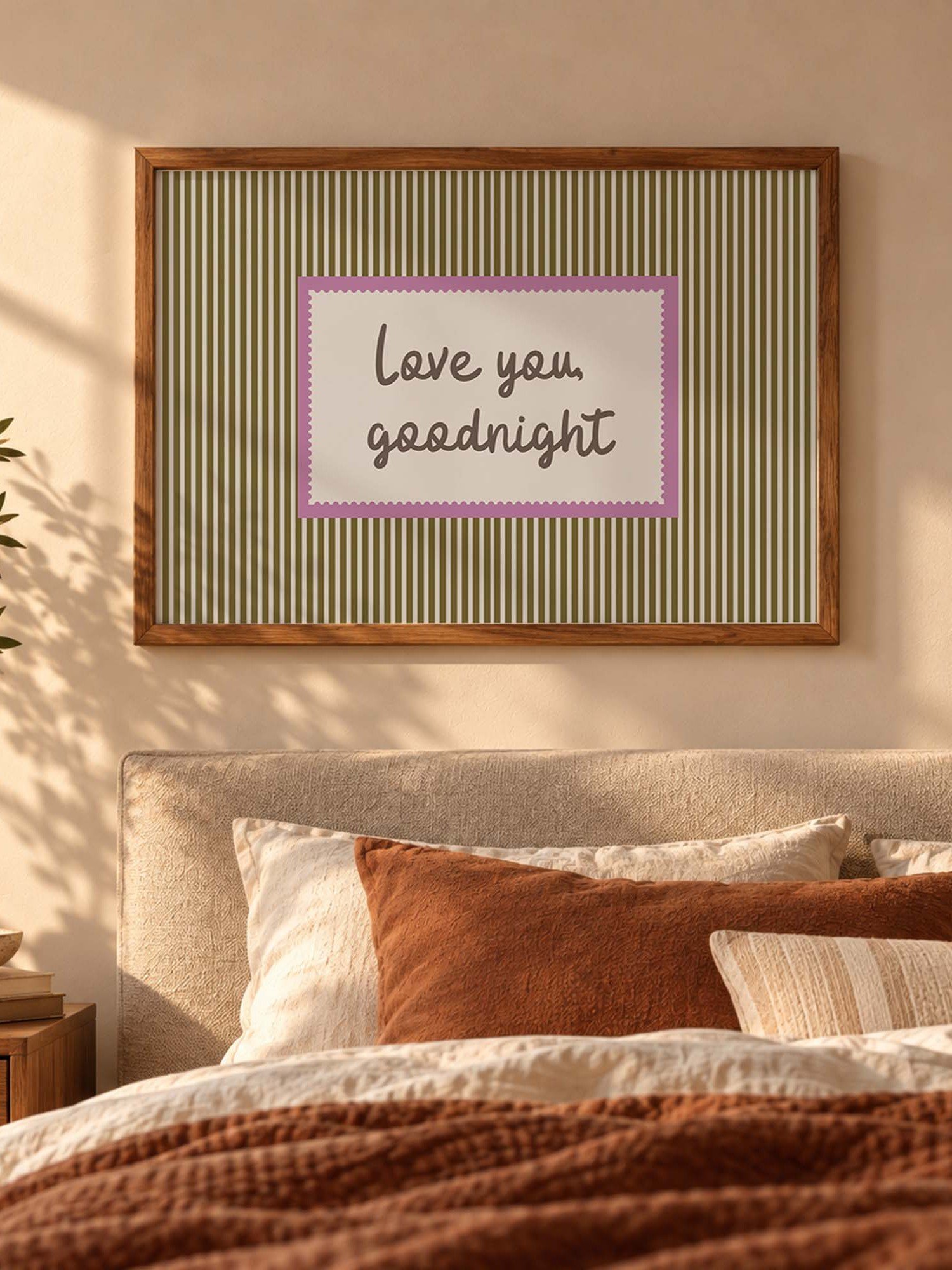 Love You Goodnight Print, Retro Striped Wall Art, Handwritten Quote Poster, Neutral Bedroom Nursery Decor, Horizontal Digital Download product image (3)