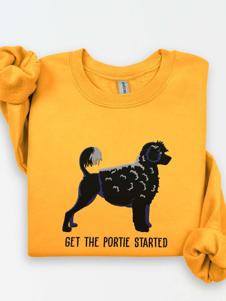 Get the Portie Started Sweatshirt (Embroidered) of a Portuguese Water Dog(Black) product image (1)