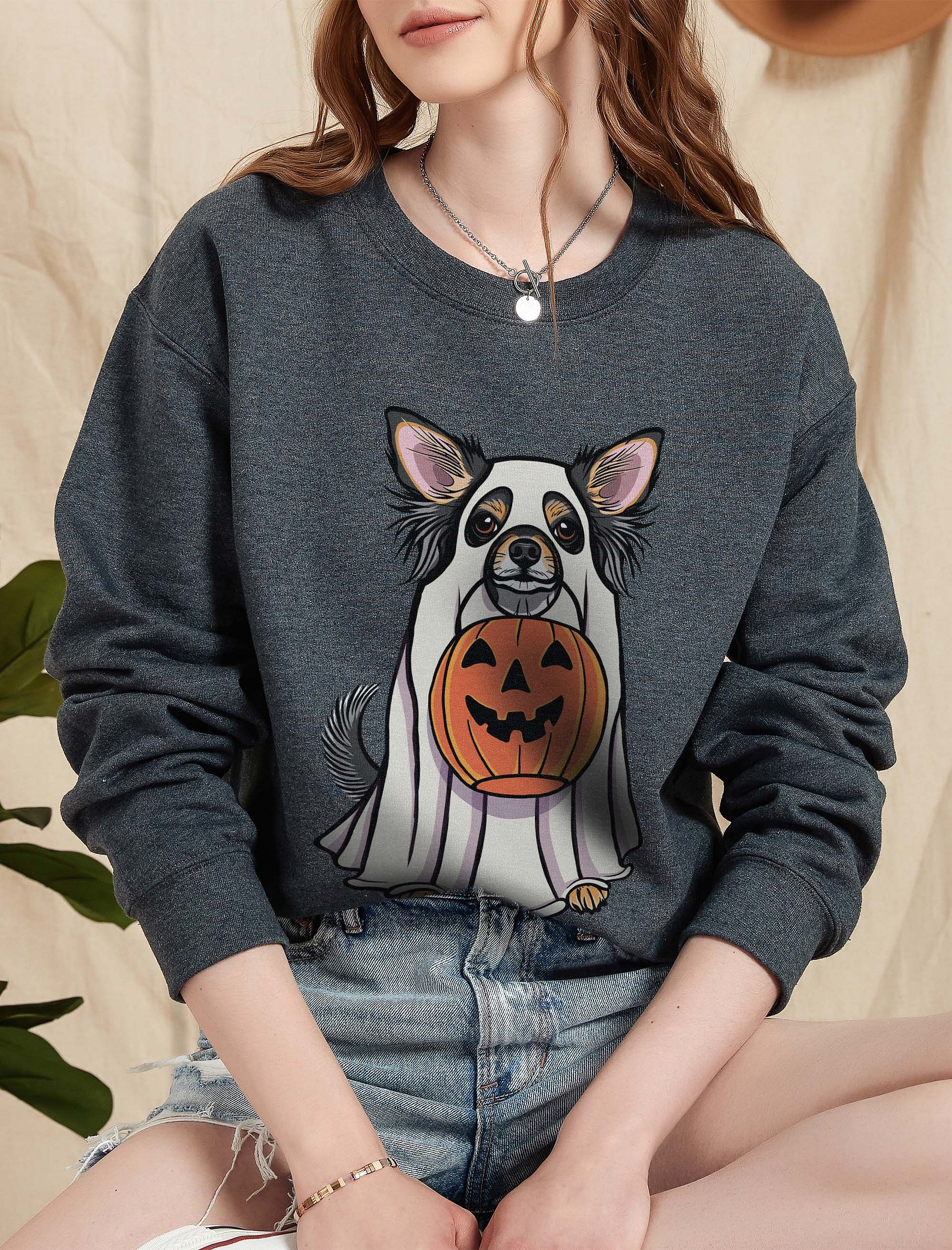Funny Halloween Longhaired Chihuahua(Tricolor) Sweatshirt | Funny Chihuahua Wearing a Ghost Costume and Holding a Pumpkin Basket product image (2)